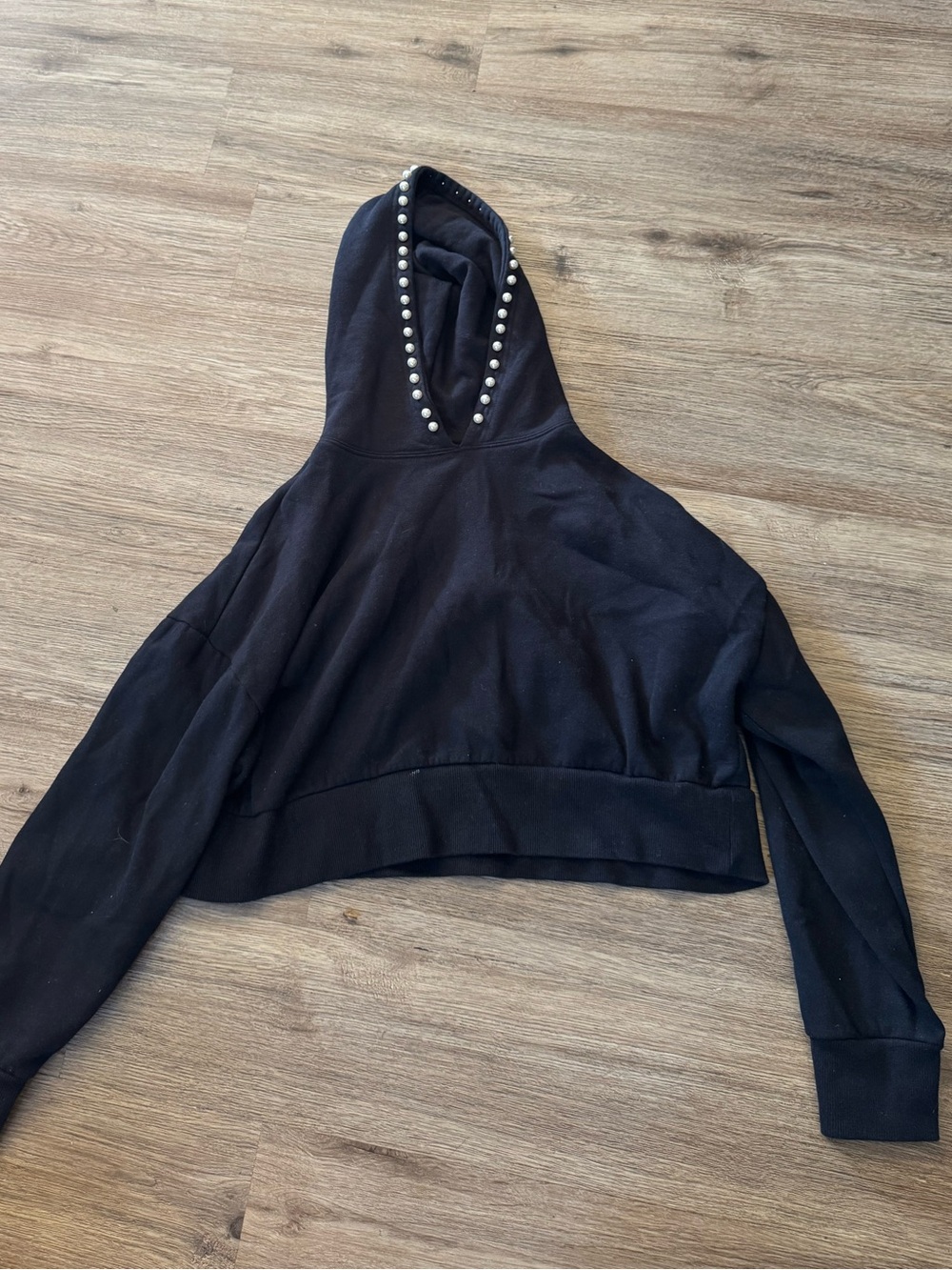 Pearl-Trim Black Cropped Hoodie